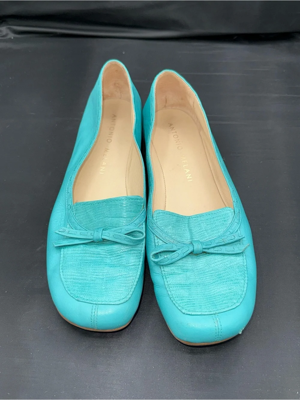 Antonio Melani Turquoise Leather Ballet Flats Coastal Grandmillennial Bow Sz 9